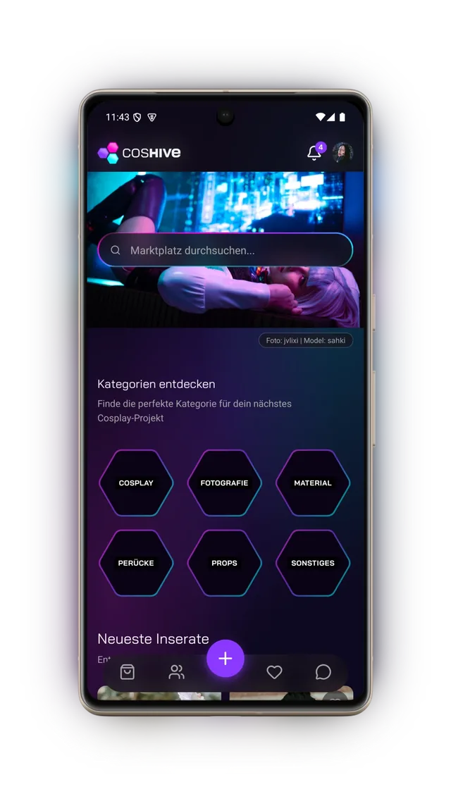 CosHive App auf Android — Marktplatz mit Kategorien